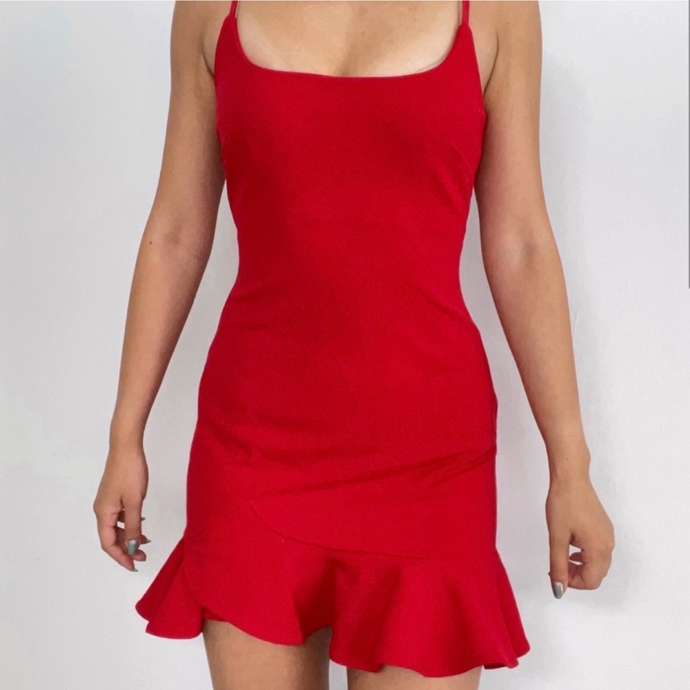Hello Molly Bright Red Sleeveless Mini Dress Bodycon with Ruffle Hem Size Small